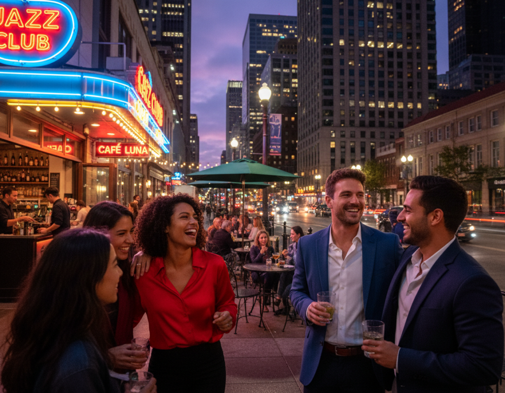 A bustling nightlife street scene filled with people enjoying the evening in a vibrant city. In the foreground, a diverse group of friends, dressed in smart casual clothing, are captured mid-conversation, their laughter evident under the soft glow of neon signs. The middle ground features small outdoor cafés with patrons sipping drinks, illuminated by warm, inviting lights. In the background, towering buildings and street lamps cast a gentle light across the pavement, while the darkening sky adds depth with hints of purple and blue. The atmosphere is lively yet intimate, evoking a sense of anticipation and energy. The composition is shot from a slightly lower angle to emphasize the people and cityscape, capturing the essence of urban nightlife. A bustling nightlife street scene filled with people enjoying the evening in a vibrant city. In the foreground, a diverse group of friends, dressed in smart casual clothing, are captured mid-conversation, their laughter evident under the soft glow of neon signs. The middle ground features small outdoor cafés with patrons sipping drinks, illuminated by warm, inviting lights. In the background, towering buildings and street lamps cast a gentle light across the pavement, while the darkening sky adds depth with hints of purple and blue. The atmosphere is lively yet intimate, evoking a sense of anticipation and energy. The composition is shot from a slightly lower angle to emphasize the people and cityscape, capturing the essence of urban nightlife.