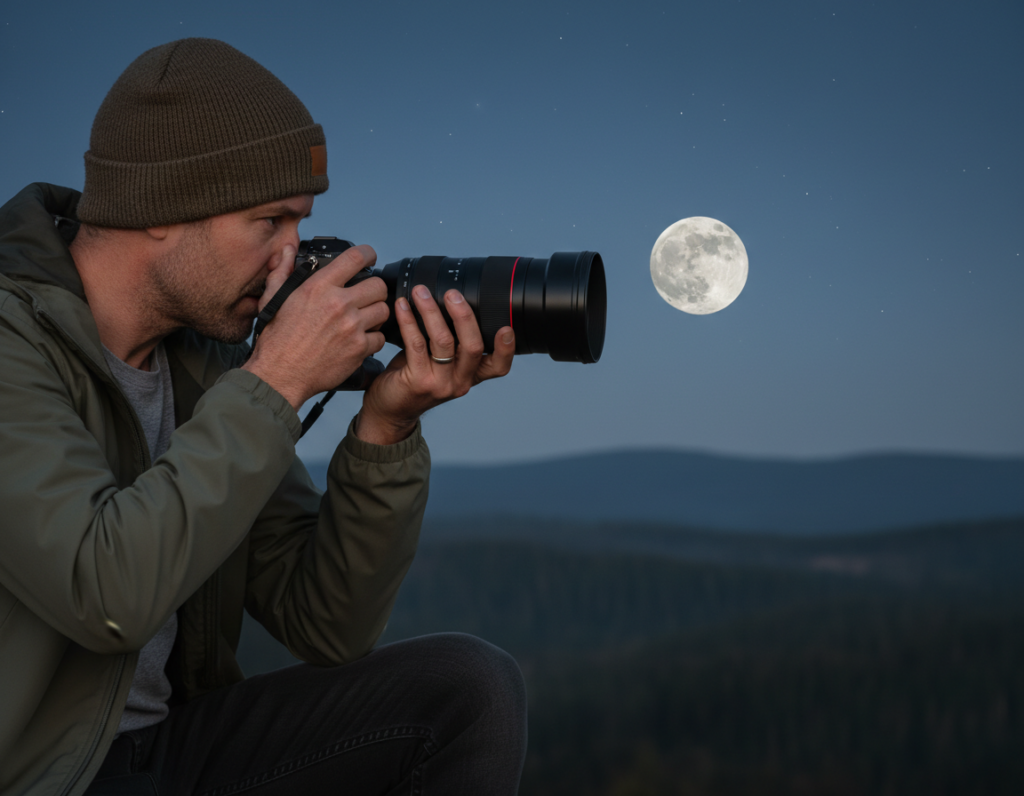 A close-up view of a professional photographer in modest casual clothing, intently adjusting the focus of a high-end camera, aimed at the bright, detailed surface of the Moon during twilight. The foreground features the photographer's hands manipulating the camera's focus ring, showing intricate details of the camera's dials and settings. The middle ground showcases the Moon, illuminated with craters and textures, casting a gentle glow against a deep blue sky speckled with stars. The background subtly blurs the outline of trees or hills, emphasizing the vastness of the night sky. Soft, natural lighting highlights the scene, creating a serene and focused atmosphere, conveying the precision and challenge of capturing lunar details. A close-up view of a professional photographer in modest casual clothing, intently adjusting the focus of a high-end camera, aimed at the bright, detailed surface of the Moon during twilight. The foreground features the photographer's hands manipulating the camera's focus ring, showing intricate details of the camera's dials and settings. The middle ground showcases the Moon, illuminated with craters and textures, casting a gentle glow against a deep blue sky speckled with stars. The background subtly blurs the outline of trees or hills, emphasizing the vastness of the night sky. Soft, natural lighting highlights the scene, creating a serene and focused atmosphere, conveying the precision and challenge of capturing lunar details.