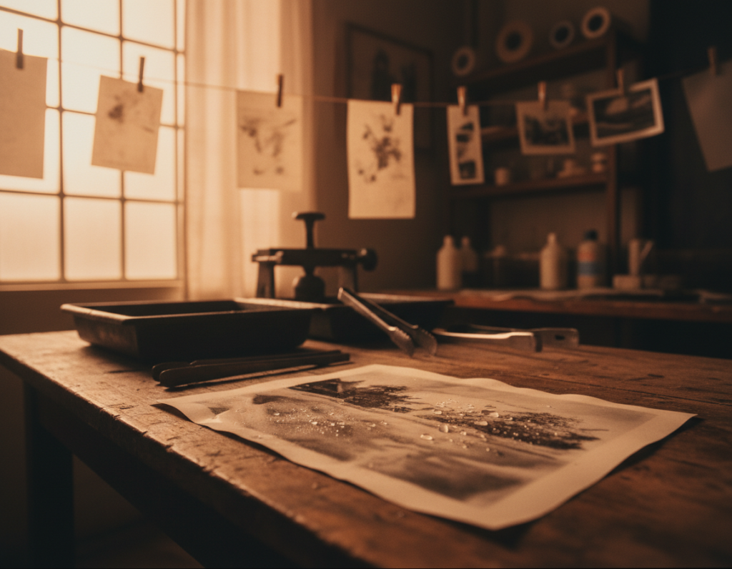 A close-up view of experimental printing techniques showcasing water-worn prints. The foreground features a textured, wet print lying on a rustic wooden table, with droplets of water glistening on its surface. In the middle ground, a vintage darkroom setup includes soft, diffused lighting from a nearby window, illuminating the print with warm tones. A variety of darkroom tools—tongs, developing trays, and photographs in various stages of development—surround the print, creating an artistic chaos. The background captures the essence of a dimly lit darkroom filled with shadows, emphasizing the mystery of the creative process. The overall mood is experimental and inspiring, evoking a sense of curiosity and the beauty of artistic exploration in photography.
