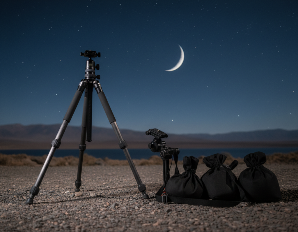 A collection of stability gear designed for night photography, prominently featuring a sturdy tripod with adjustable legs and a quick-release plate in the foreground. Beside it, a stable camera mount and a set of weighted bags for additional support. The middle ground showcases a dark, starry sky with a soft, glowing moon illuminating the scene subtly, while a blurred silhouette of a landscape can be seen in the background. The lighting is moody and atmospheric, emphasizing the need for stability in low light. The composition conveys a sense of calm and focus, suitable for photographers aiming to capture stunning nightscapes. Use a wide-angle lens to enhance depth and detail, with a slightly lower angle to highlight the gear against the beautiful night sky. A collection of stability gear designed for night photography, prominently featuring a sturdy tripod with adjustable legs and a quick-release plate in the foreground. Beside it, a stable camera mount and a set of weighted bags for additional support. The middle ground showcases a dark, starry sky with a soft, glowing moon illuminating the scene subtly, while a blurred silhouette of a landscape can be seen in the background. The lighting is moody and atmospheric, emphasizing the need for stability in low light. The composition conveys a sense of calm and focus, suitable for photographers aiming to capture stunning nightscapes. Use a wide-angle lens to enhance depth and detail, with a slightly lower angle to highlight the gear against the beautiful night sky.