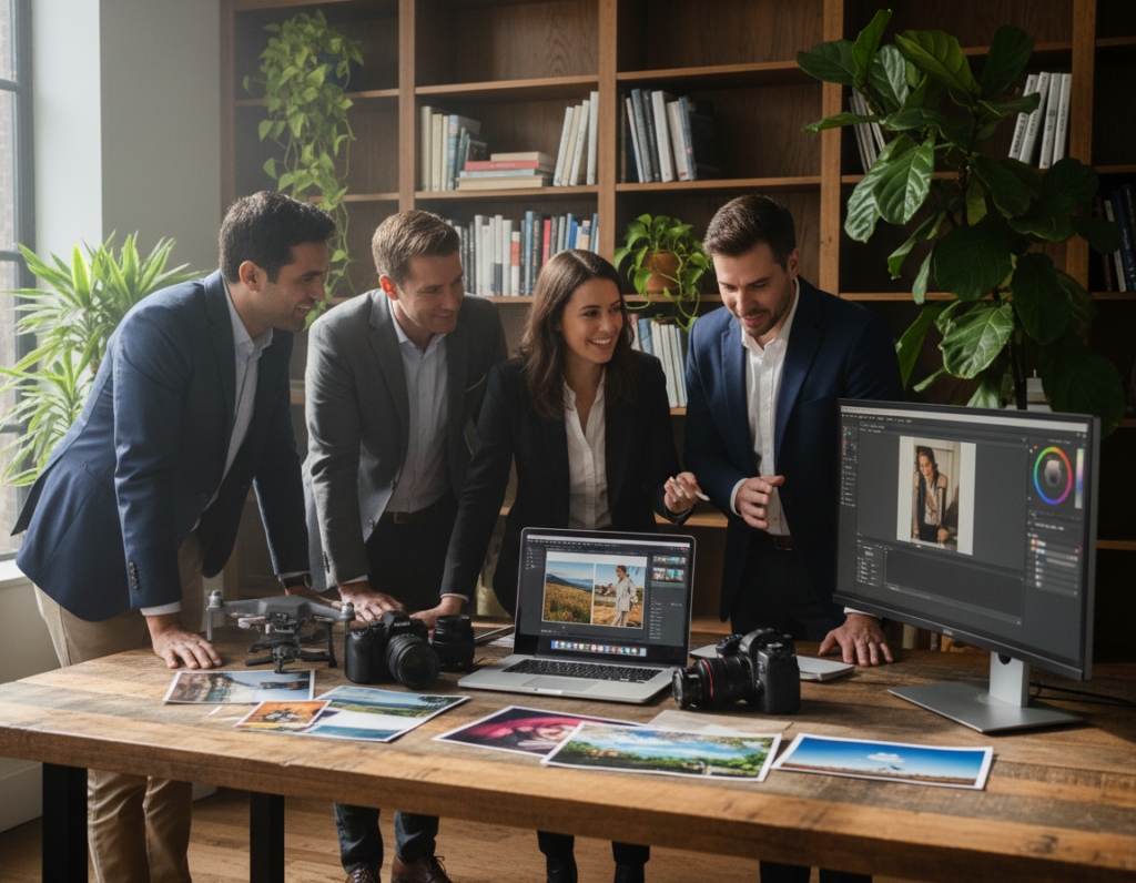 A creative workspace centered around an editing workflow, featuring a wooden desk with a high-resolution laptop displaying photo editing software. In the foreground, sleek camera gear and colorful photo prints are strewn about, while a modern monitor showcases vibrant image corrections. In the middle, a diverse group of individuals dressed in professional business attire, collaborating enthusiastically over an editing project, pointing at the screen. The background includes shelves filled with photography books and plants, giving a cozy yet professional atmosphere. Soft, natural lighting filters in through a window, casting gentle shadows and creating a warm, inviting mood. The scene embodies creativity, teamwork, and the process of refining images, highlighting the essence of finding a personal editing style.