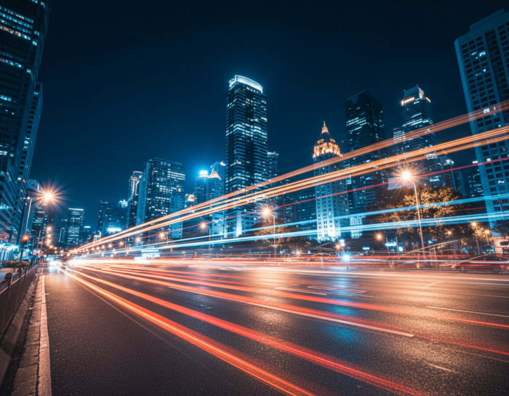 A dynamic nighttime urban scene capturing a long exposure photograph of car light trails. In the foreground, a busy city street with several cars moving at high speed, their headlights and taillights creating vibrant red and yellow streaks that intertwine. In the middle ground, a smooth asphalt road glistens from recent rain, reflecting the light trails and nearby streetlights. The background reveals a bustling skyline with illuminated buildings under a deep blue evening sky, subtly transitioning to black. The overall mood is energetic and vibrant, evoking a sense of motion and excitement. The shot is captured from a low angle to emphasize the light trails, using a wide-angle lens to encompass both the street and the skyline, aiming for a clear, sharp focus on the light effects and a slight motion blur on the cars. A dynamic nighttime urban scene capturing a long exposure photograph of car light trails. In the foreground, a busy city street with several cars moving at high speed, their headlights and taillights creating vibrant red and yellow streaks that intertwine. In the middle ground, a smooth asphalt road glistens from recent rain, reflecting the light trails and nearby streetlights. The background reveals a bustling skyline with illuminated buildings under a deep blue evening sky, subtly transitioning to black. The overall mood is energetic and vibrant, evoking a sense of motion and excitement. The shot is captured from a low angle to emphasize the light trails, using a wide-angle lens to encompass both the street and the skyline, aiming for a clear, sharp focus on the light effects and a slight motion blur on the cars.