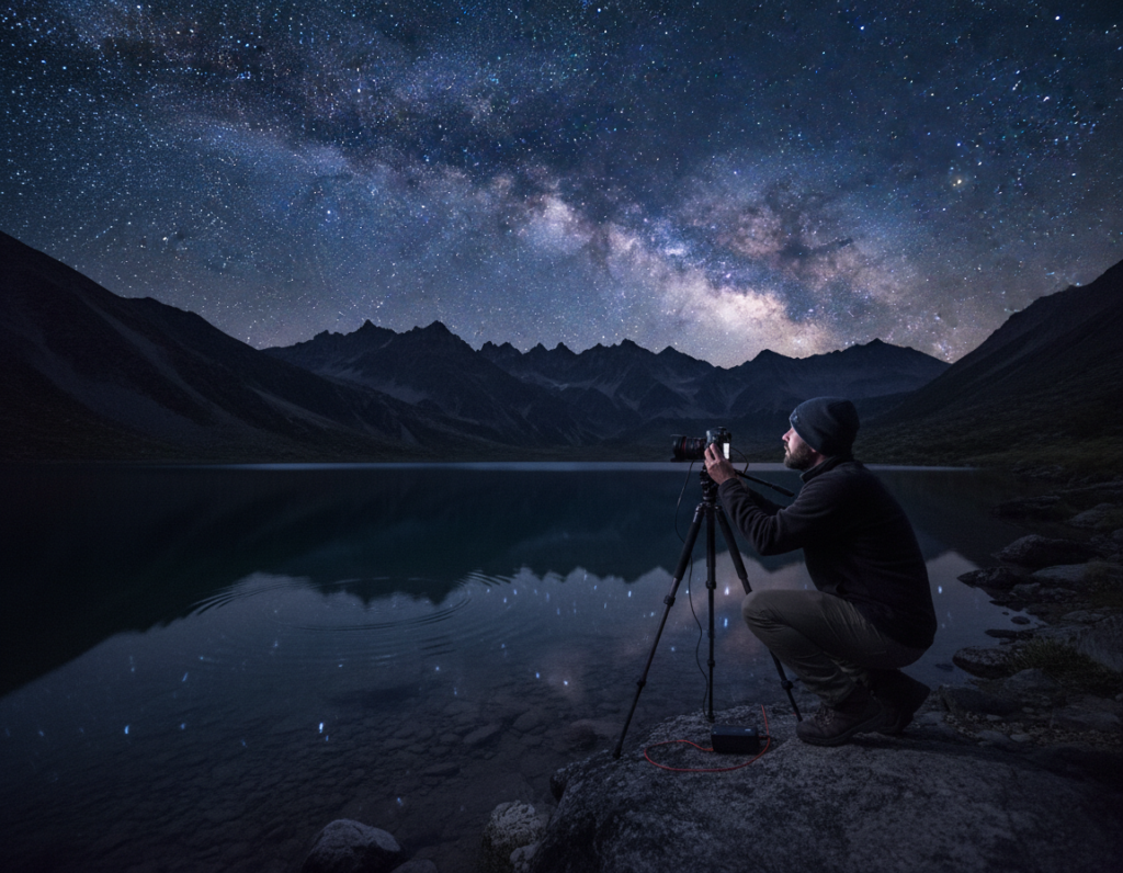 A serene night landscape featuring a breathtaking view of mountains under a starlit sky. In the foreground, a photographer in modest casual clothing is adjusting their camera on a sturdy tripod, capturing the celestial beauty. The middle ground showcases a peaceful lake reflecting the stars, with gentle ripples enhancing the tranquil atmosphere. The background displays shadowy mountains illuminated by the faint glow of the Milky Way, creating a sense of depth. Soft, cool blue and violet tones dominate the scene, evoking a calm and inspiring mood. The lighting is low, capturing the magic of nighttime photography. Emphasize the clarity of the night sky and the peacefulness of nature, focusing on the workflow of taking landscape photographs in a captivating nocturnal setting.