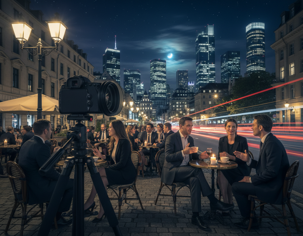 A serene night scene capturing the essence of composition in photography. In the foreground, a tripod-mounted camera is set up with a wide-angle lens, poised to capture the vivid cityscape. The middle layer features a bustling street illuminated by warm street lamps, showcasing people in professional attire engaging in conversation while seated at outdoor café tables. The background reveals a breathtaking skyline under a starry sky, with the moon casting a soft glow over the buildings. The lighting is soft, creating a tranquil mood that emphasizes the beauty of nighttime exposure. The composition tells a story of connection and exploration, inviting the viewer to consider the interplay between light and shadow in the world of night photography.
