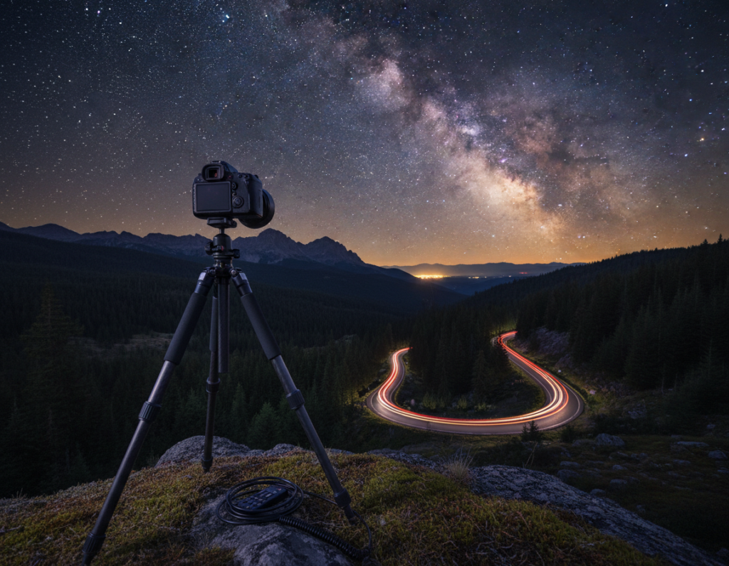 A serene night scene capturing the essence of long exposure photography. Foreground: a sturdy tripod holding a camera, poised to capture the night, with a remote shutter release lying beside it. Middle: a winding road illuminated by streaks of car headlights, creating dynamic light trails against a calm background. Background: a starlit sky with visible constellations, perhaps a hint of the Milky Way arching overhead, and distant mountains silhouetted against the deep blue night. The atmosphere should feel tranquil yet full of potential, showcasing the beauty of nighttime photography. Soft ambient light glowing from the horizon enhances the mood and invites viewers into the world of long exposure techniques. Ensure crisp details and a vivid color palette to emphasize the enchanting night landscape. A serene night scene capturing the essence of long exposure photography. Foreground: a sturdy tripod holding a camera, poised to capture the night, with a remote shutter release lying beside it. Middle: a winding road illuminated by streaks of car headlights, creating dynamic light trails against a calm background. Background: a starlit sky with visible constellations, perhaps a hint of the Milky Way arching overhead, and distant mountains silhouetted against the deep blue night. The atmosphere should feel tranquil yet full of potential, showcasing the beauty of nighttime photography. Soft ambient light glowing from the horizon enhances the mood and invites viewers into the world of long exposure techniques. Ensure crisp details and a vivid color palette to emphasize the enchanting night landscape.