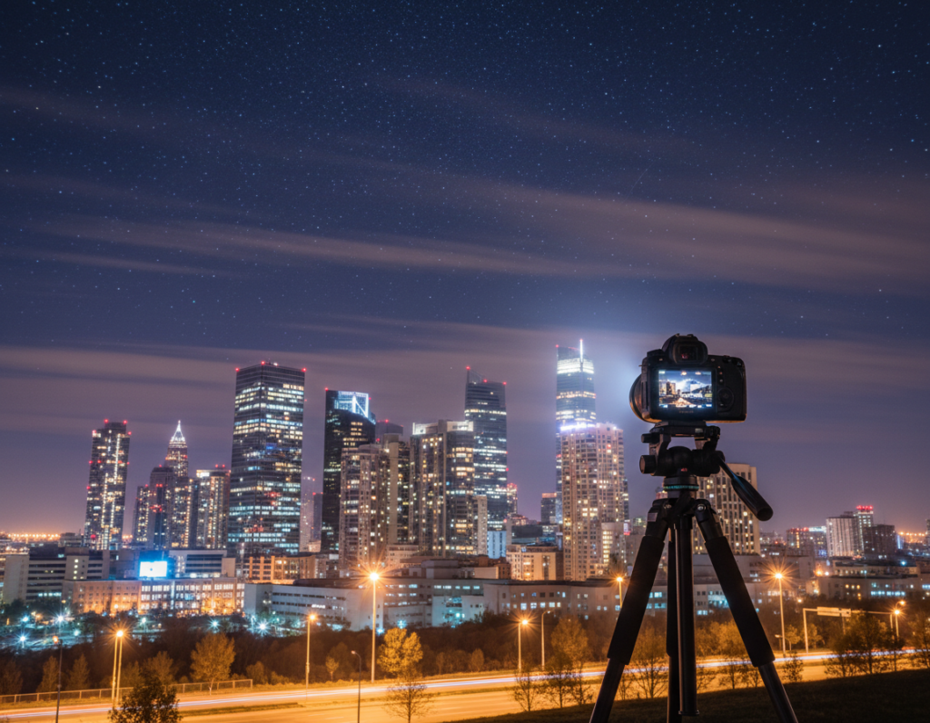 A serene night scene showcasing a beautifully composed photograph. In the foreground, a sturdy tripod holds a camera aimed at a city skyline, with a soft glow emitted from the camera's lens. In the middle ground, a captivating urban landscape is framed, with tall buildings featuring vibrant lights reflecting off windows, creating a balanced composition. The background reveals a starry sky, with a few wispy clouds scattered, enhancing the storytelling aspect. The scene is illuminated by ambient streetlights, casting a warm glow that juxtaposes with the cool tones of the night sky. The overall mood is tranquil yet inspiring, evoking a sense of adventure in night photography. A serene night scene showcasing a beautifully composed photograph. In the foreground, a sturdy tripod holds a camera aimed at a city skyline, with a soft glow emitted from the camera's lens. In the middle ground, a captivating urban landscape is framed, with tall buildings featuring vibrant lights reflecting off windows, creating a balanced composition. The background reveals a starry sky, with a few wispy clouds scattered, enhancing the storytelling aspect. The scene is illuminated by ambient streetlights, casting a warm glow that juxtaposes with the cool tones of the night sky. The overall mood is tranquil yet inspiring, evoking a sense of adventure in night photography.