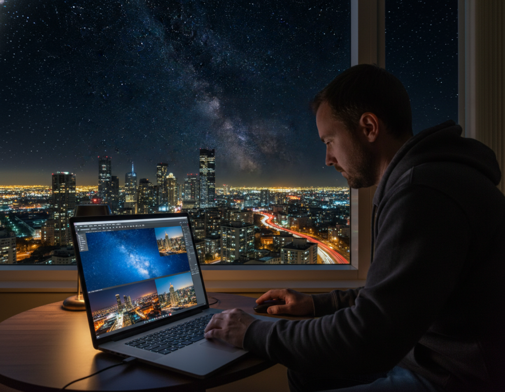 A serene night scene showcasing the post-processing of night photography. In the foreground, a sleek laptop displays vibrant edited images of a starry sky and city lights, with selective highlights and rich colors accentuated on the screen. The middle layer features a professional photographer in modest casual attire, focused intently on the screen, using editing software to enhance details. The background reveals a dark, beautifully lit urban landscape under a star-filled sky with twinkling lights, lending a sense of depth and atmosphere. Soft ambient lighting casts a warm glow, creating a cozy yet professional mood, with hints of the Milky Way visible in the distant sky, illustrating the magic of night photography and its editing process.