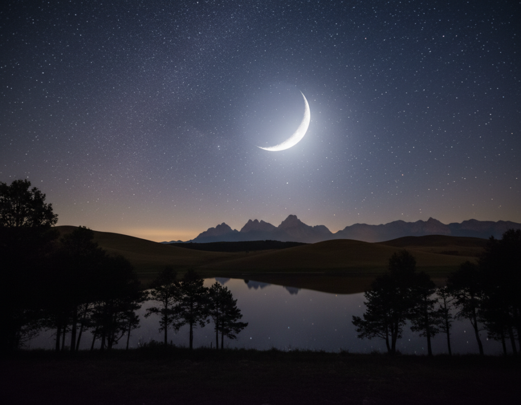 A serene night sky filled with twinkling stars and a glowing crescent moon radiating soft silver light. In the foreground, dark silhouetted trees frame the scene, with a calm body of water reflecting the celestial display. The middle ground showcases rolling hills bathed in gentle moonlight, accentuating their contours. In the background, distant mountains blend into the starry sky, creating depth. The atmosphere is tranquil and contemplative, evoking a sense of wonder. The lighting is low-key, emphasizing cool tones with hints of warm light in the horizon. The camera angle is slightly elevated, providing a panoramic view of this enchanting landscape. Ideal for showcasing the effects of color temperature on night photography. A serene night sky filled with twinkling stars and a glowing crescent moon radiating soft silver light. In the foreground, dark silhouetted trees frame the scene, with a calm body of water reflecting the celestial display. The middle ground showcases rolling hills bathed in gentle moonlight, accentuating their contours. In the background, distant mountains blend into the starry sky, creating depth. The atmosphere is tranquil and contemplative, evoking a sense of wonder. The lighting is low-key, emphasizing cool tones with hints of warm light in the horizon. The camera angle is slightly elevated, providing a panoramic view of this enchanting landscape. Ideal for showcasing the effects of color temperature on night photography.