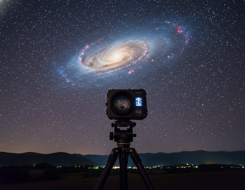 A star tracker camera positioned on a sturdy tripod, capturing the night sky filled with countless shimmering stars. In the foreground, the camera's lens glistens under a soft, ambient light, showcasing its intricate details and professional design. The middle ground features a picturesque landscape with rolling hills silhouetted against the night sky, adding depth to the scene. In the background, a vibrant galaxy spirals across the celestial canvas, with streaks of light illuminating the dark blue and violet hues of the universe. The atmosphere is serene and contemplative, evoking a sense of wonder as if inviting viewers to explore the cosmos. The image is taken at a low angle, capturing the grandeur of the stars above and emphasizing the importance of the camera in astrophotography.