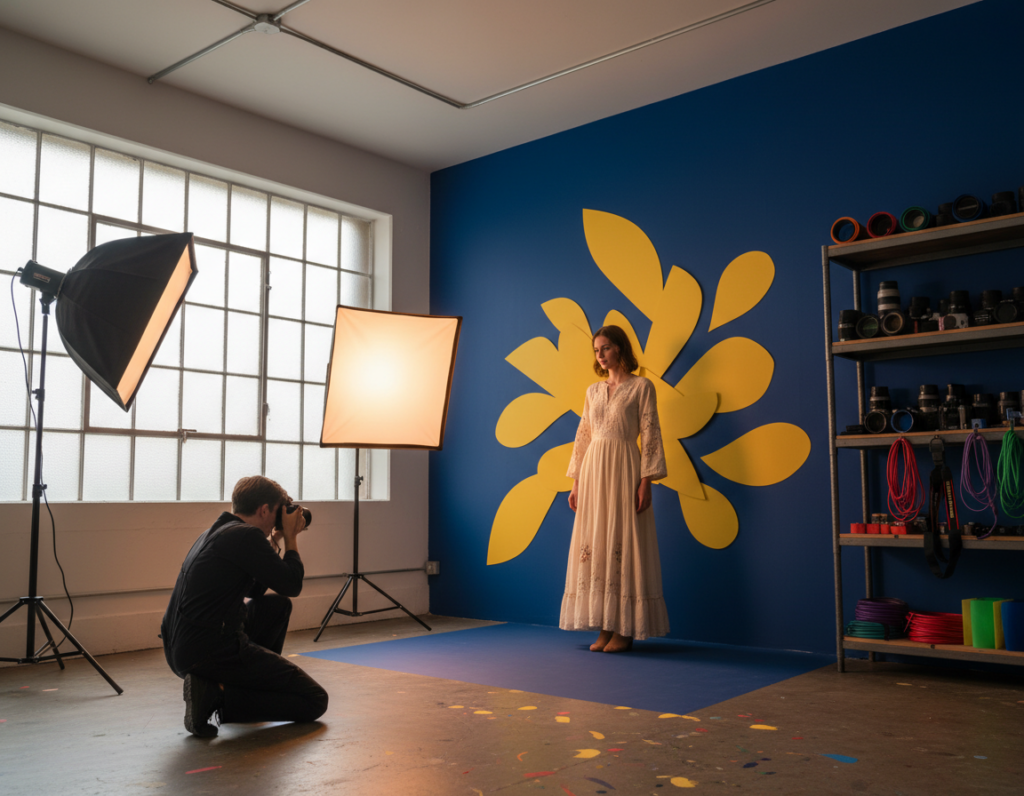 A striking composition showcasing the interplay of color and contrast in a photography studio. In the foreground, a professional photographer captures a model dressed in elegant, modest clothing against a vibrant, contrasting backdrop, such as a deep blue wall adorned with bright yellow props. The middle ground features soft diffused lighting from a large window, creating a harmonious blend of warm and cool tones illuminating the scene. The background reveals shelves filled with colorful photography equipment, emphasizing the narrative potential of color contrast. The overall mood is creative and dynamic, inviting viewers to appreciate how color choices and contrasts can evoke emotions and tell compelling stories through imagery. The angle is slightly tilted to create visual interest while ensuring clarity. No text or watermarks are present.