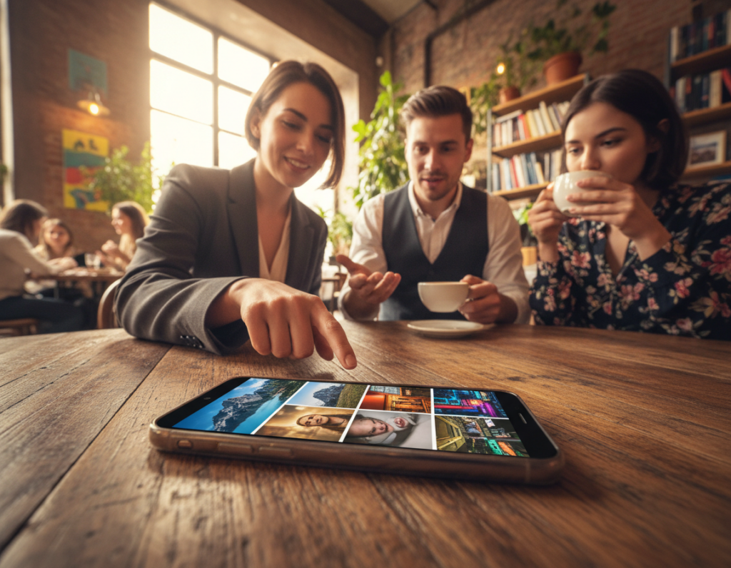 A vibrant, dynamic scene depicting the essence of social media in the context of photography. In the foreground, a sleek smartphone sits on a wooden table showcasing a beautifully arranged photography portfolio with vivid images of landscapes, portraits, and street photography. The middle ground features a diverse group of individuals in professional attire, engaging with the smartphone, discussing and admiring the images while sipping coffee. In the background, a soft-focus café ambiance with bright, natural lighting illuminates the space, creating an inviting atmosphere. The angle is slightly angled downwards, providing depth, while a warm color palette enhances feelings of creativity and connection. The overall mood is inspiring and collaborative, reflecting the power of social sharing in elevating one’s photography work.