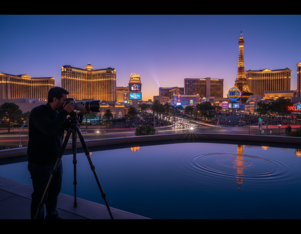 A vibrant night scene of Las Vegas showcasing iconic landmarks, such as the dazzling lights of the Strip and the neon signs of famous casinos in the background. In the foreground, a photographer is set up with a DSLR camera on a tripod, using a wide-angle lens, capturing the dynamic cityscape. The blue and purple hues of twilight create a striking contrast with the bright, colorful lights, illuminating the scene in a captivating glow. The atmosphere is energetic yet serene, suggesting the ideal moment for night photography, with soft reflections in a nearby fountain. This image should evoke a sense of excitement and inspiration, highlighting the best planning considerations for capturing stunning night shots in Las Vegas.